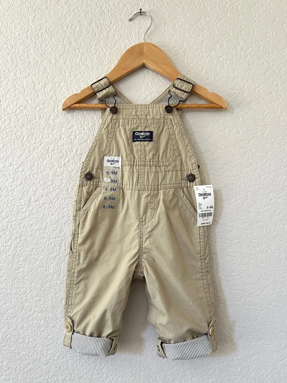 OshKosh B’gosh Baby Overalls 6-9M Khaki Cotton Cargo Convertible Adjustable